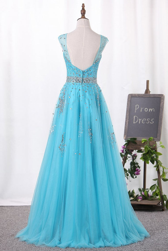 V-Neck A-Line Prom Dresses Tulle With Beadings Open Back Zipper
