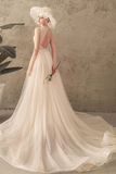 Ivory Jewel Sleeveless Tulle Wedding Dress With Lace A Line Pleats Open Back Bridal STBPXNMNP57