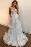 A Line Sweetheart Strapless Sweep Train Lace Pockets Wedding Dress with Sequins STB15036