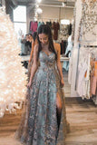 Formal Evening Dresses With Slit Elegant A-line Lace Long Prom Dresses