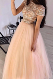 Tulle Beads Long Prom Dress A Line Formal Evening