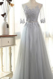 Elegant Prom Dresses A-Line Scoop Floor-Length Tulle Zipper Back 3/4 Sleeves With