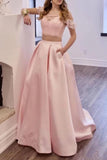Two Piece Off the Shoulder Blush Pink Prom Dresses with Pockets, Long Lace Prom Gowns STB15445