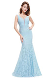 Sexy Fitted Lace Mermaid Blue V Neck Long Prom Dresses Evening Dresses STB15334