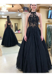 Halter Neckline Black Long Prom Dresses Formal Evening Dress Tulle STBPJHYQ138