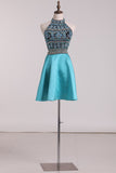New Arrival High Neck Beaded Bodice A Line Satin Short/Mini Homecoming Dresses