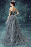 Elegant High Low Strapless Sweetheart Feathers Tulle Gray Prom Dresses with Lace STB15643