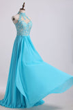 High Neck A Line Prom Dresses With Applique&Beads Chiffon