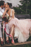 Sheer Round Neck Pink Wedding Dresses Backless Bridal Gown With Lace STB20469