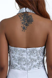 Charming Mermaid Halter Silver Sequins Prom Dresses with Appliques, Party STB15629