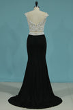 New Arrival Prom Dress Two Pieces Mermaid With Beading Spandex Slit Sweep