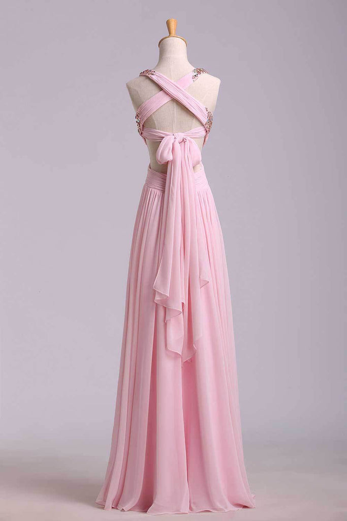 Prom Dresses A-Line Cross Back Floor-Length Chiffon Pink Ready To Ship