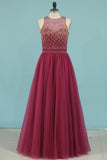 Open Back Scoop Prom Dresses A Line With Beading Tulle Floor