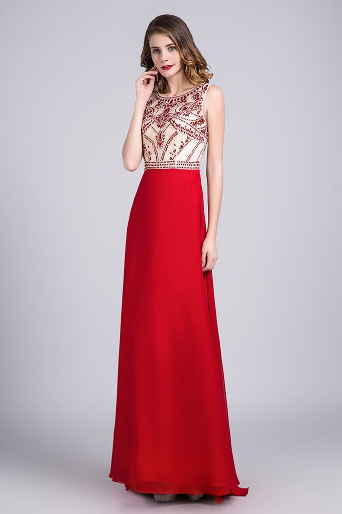 Hot Selling Scoop A Line Full Length Red Prom Dress Beaded Tulle Bodice With Chiffon Skirt
