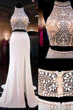 Two Pieces Mermaid Long Halter Beaded Custom Cheap With Slit Prom Dresses