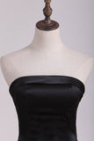Black Satin Floor Length Evening Dresses Strapless With Bow Knot