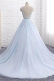 Princess Light Blue Long Ball Gown Lace Tulle Prom Dresses, V Neck Formal Dresses STB15297