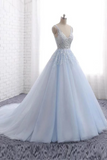 Princess Long Ball Gown Lace Tulle Prom Dresses, V Neck Formal