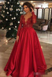 Elegant Long Sleeve Red Lace Beads Long Prom Dresses, A Line Satin Evening Dresses STB15174
