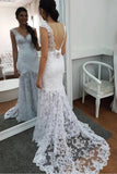Elegant Mermaid Lace Applique V Neck Wedding Dresses Backless Wedding Gowns STB15180