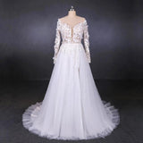 Long Sleeves White A-line Tulle Beach Wedding Dresses with Lace Appliques, Bridal Dress STB15255