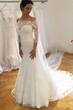 Unique Mermaid Off the Shoulder Ivory Lace 3/4 Sleeves Wedding Dresses, Wedding Gowns STB15460