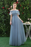 Simple Off the Shoulder Tulle Long Prom Dresses, Blue Bridesmaid Dresses STB15396