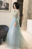 Elegant Long Sleeves Appliqued Tulle Prom Dresses, Floor Length Appliques Evening Dresses STB15175