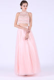 Two-Piece High Neck A Line Prom Dresses With Beads