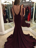 Elegant Scoop Sweep Train Burgundy Backless Mermaid Sleeveless Floor-Length Prom Dresses