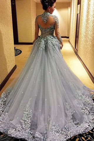 A Line Prom Dresses High Neck Long Sleeves Tulle With Applique Court
