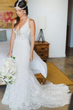 Romantic Deep V Neck Sleeveless Lace Wedding Dress Mermaid Wedding Dresses With STBP2NSHCG1