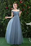 Cheap Off The Shoulder Tulle Long Prom Dress With Short Sleeves, Simple Bridesmaid
