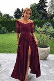Modest Off the Shoulder Burgundy Bridesmaid Dresses with Slit, Prom STB15655