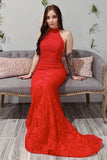 Prom Dresses Mermaid Lace High Neck Open Back Sweep