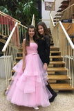 Unique Pink Tulle Long Prom Dresses, Strapless Belt Sweet 16 Dress STB15462
