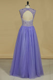 Scoop A Line Prom Dresses Tulle With Beading Open Back