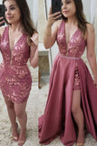 Charming Two Piece V Neck Blush Pink Lace Long Prom Dresses Elegant Beading Evening