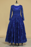 Dark Royal Blue Long Sleeves A Line Tulle With Applique