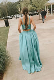 Simple A Line Two Pieces V Neck Satin Green Prom Dresses, Cheap Formal Dress STB15598
