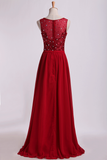Bateau Prom Dresses A Line Floor Length With Embroidery&Beads Chiffon&Tulle