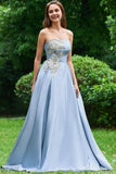 Strapless Long Prom Dress With Appliques, A Line Cheap Formal Dress With
