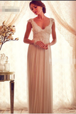 V Neck Cap Sleeves Wedding Dresses Chiffon Floor Length With Applique
