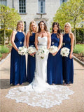 Charming Halter Neck Blue Pleated Long Bridesmaid Dresses, Wedding Party Dresses STB15099