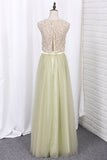 Floor Length Two Pieces Scoop Tulle & Lace A Line Bridesmaid