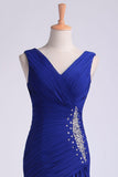 V Neck Pleated Bodice Column Sweep Train Prom Dress With