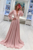 Dusty Rose V-Neck Lace Prom Dresses Long Sleeve Prom Dresses Evening