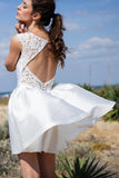 A Line Round Neck Open Back Short Beach Wedding Dress with Lace Pockets STB15018