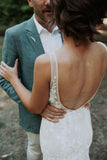 Elegant Mermaid Lace Appliques Straps V Neck Ivory Wedding Dresses, Beach Wedding Gowns STB15515