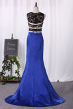 See-Through Satin & Lace Prom Dresses Scoop With Slit